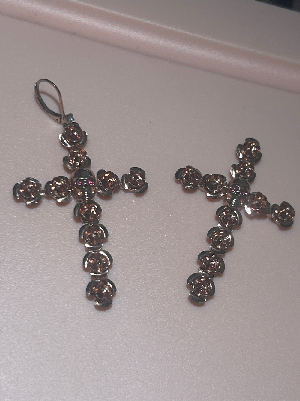 Silver-Tone Rose Cross Pendant Pair with Pink Accents Betsey Johnson.